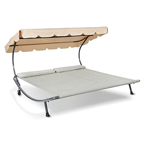 LECO Outdoor Doppelliege Original – Sonnenliege, Gartenliege Sonnendach für zwei Personen wetterfest   Gestell natur
