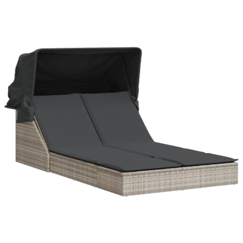 Emmtore Sonnenliege, Doppelliege mit Dach Auflagen, Gartenliege Verstellbare Rückenlehne, Relaxliege Liege Gartenmöbel,Poly Rattan Sonnenliege,Hellgrau