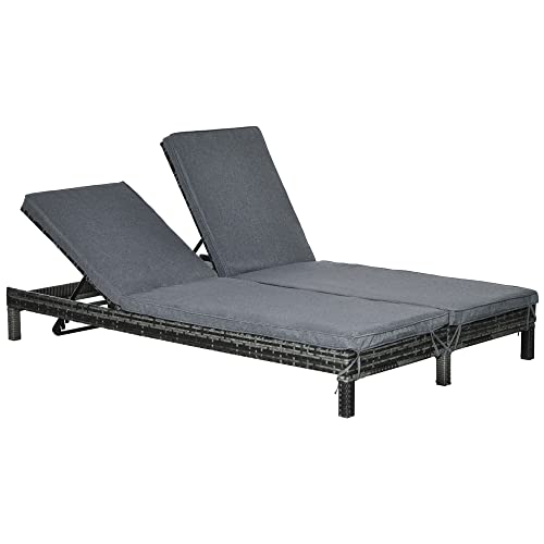 Outsunny Polyrattan Doppelliege Sonnenliege Gartenliege für 2 Personen Relaxliege Luxus Lounge 5-stufige Rückenlehne Metall PE Rattan Grau 196 x 120 x 28 cm