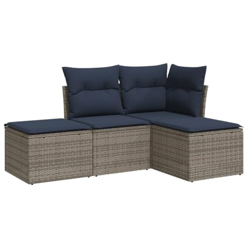vidaXL Garten Sofa Garnitur 4-TLG., Gartenmöbel Set mit Kissen, Sitzgruppe für Garten Terrasse, Modular Gartensofa Hocker Lounge, Grau Poly Rattan
