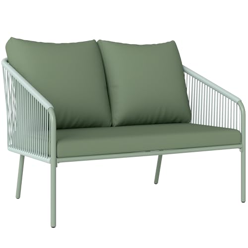 Outsunny Gartensofa mit Kissen 2-Sitzer Lounge Sofa Outdoor Balkon Sofa Rattansofa Gartenlounge Polyrattan Gartenmöbel Balkonmöbel 112 x 72 x 76 cm Grün