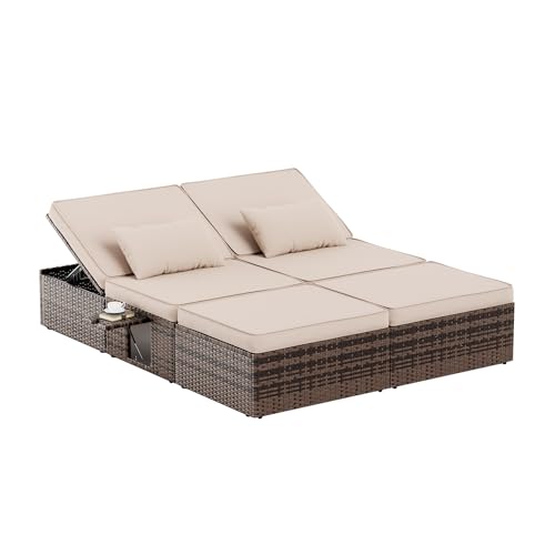 Amopatio Sonnenliege 2 Personen mit Klapptisch, Rattan Gartenlounge Wetterfest Gartenliege 200kg Belastbar, Liegestuhl Verstellbar Hochwertiges Rattan für Garten, Balkon & Terrasse, Braun