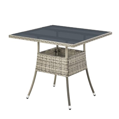 Juskys Polyrattan Gartentisch Yoro wetterfest   Balkontisch 80x80 cm eckig   Beistelltisch Glasplatte   Kleiner Tisch für Balkon   Grau