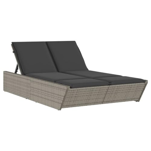 vidaXL Doppel Sonnenliege, Gartenliege mit Kissen, Doppelliege für Garten Terrasse, Relaxliege Sonnenbett Gartenmöbel, Grau Poly Rattan