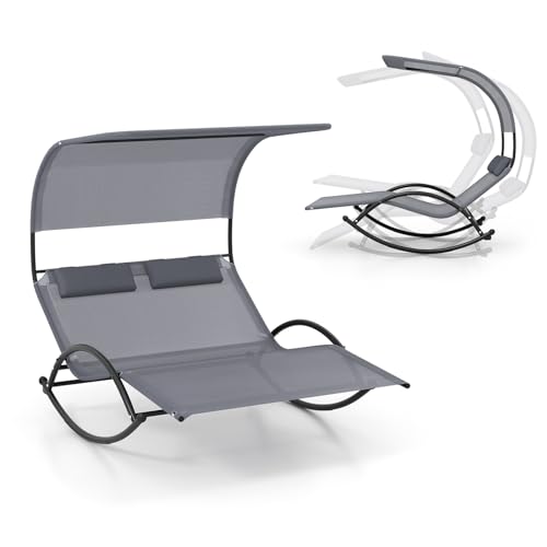 KOMFOTTEU Schaukelliege für 2 Personen, Sonnenliege mit Sonnenblende & Kopfstütze, Doppelliege bis 300 kg belastbar, Gartenliege Relaxliege für Terrasse, Pool (Grau)