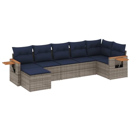 vidaXL Garten Sofa Garnitur 7-TLG., Gartenmöbel Set mit Kissen, Sitzgruppe für Garten Terrasse, Modular Gartensofa Lounge Hocker, Grau Poly Rattan