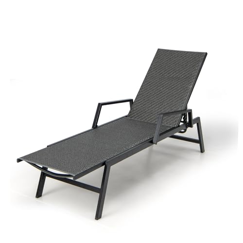 LIFEZEAL Gartenliege Rattan, Sonnenliege mit Verstellbarer Rückenlehne & Armlehnen, Terrassenliege aus PE-Rattan & Metall, Liegestuhl für Strand, Pool, Terrasse, Balkon, Belastung 150 kg