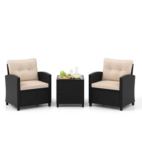 FANTASK 3-TLG Balkonmöbel Set mit mit Kissen, Gartenmöbel Set aus Rattan inkl. 2 Stühlen und Glas Tisch, Terrassenmöbel Sitzgruppe Lounge Set für Balkon, Terrasse und Garten, Beige