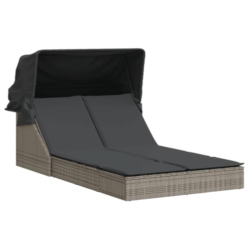 Emmtore Sonnenliege, Doppelliege mit Dach Auflagen, Gartenliege Verstellbare Rückenlehne, Relaxliege Liege Gartenmöbel,Poly Rattan Sonnenliege,Grau