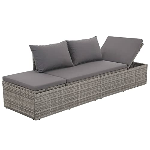 vidaXL Outdoor Lounge Bett, Gartenbett mit Polster Kissen, Sonnenliege für Außenbereich, Sonnenbett Gartenliege Gartenbank, Poly Rattan Grau