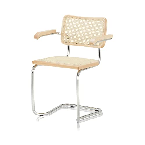 KHG Schwingstuhl Freischwinger mit Armlehnen Chrom - Rückenlehne und Sitzfläche aus Massivholz Buche und Rattan - Esszimmerstuhl, Küchenstuhl Design Stuhl mit Wiener Geflecht