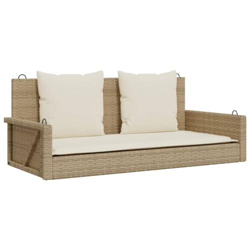 vidaXL Hängebank mit Kissen, Hängeschaukel mit Befestigungsringen, Schaukelbank für Außenbereich, Gartenschaukel, Modern, Beige Poly Rattan