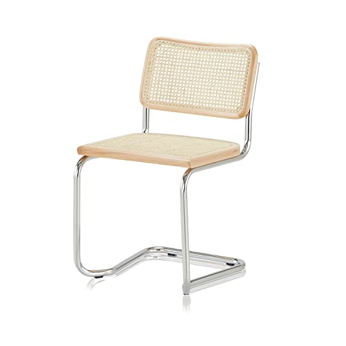 KHG Schwingstuhl Freischwinger chrom - Rückenlehne und Sitzfläche aus Massivholz Buche und Rattan - Esszimmerstuhl, Küchenstuhl Design Stuhl mit Wiener Geflecht