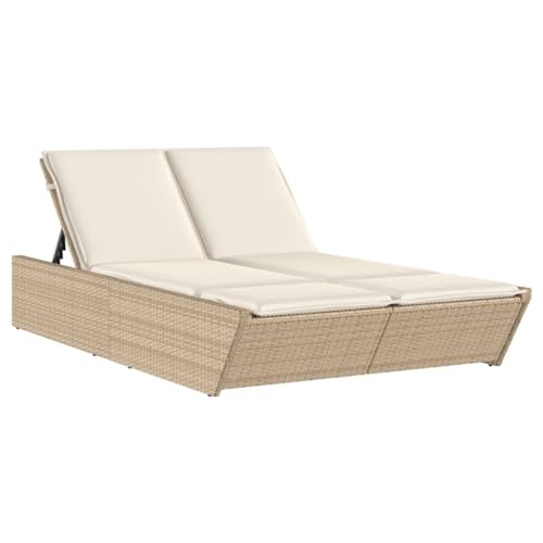 vidaXL Doppel Sonnenliege, Gartenliege mit Auflagen, Doppelliege für Garten Terrasse, Relaxliege Sonnenbett Gartenmöbel, Beige Poly Rattan