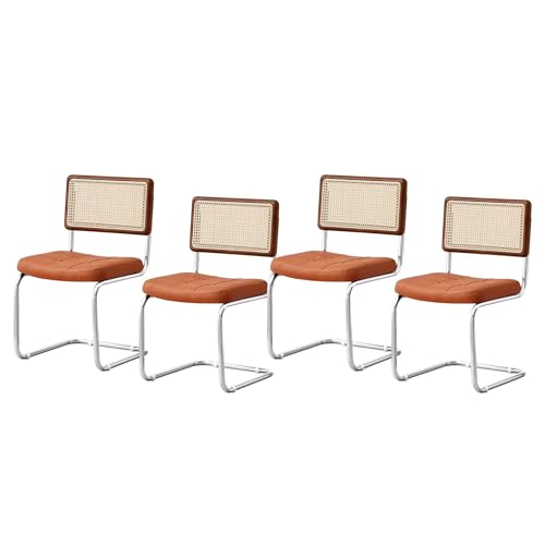 RENYUEH Rattan-Esszimmerstühle, 4er-Set, Freischwinger-Küchenstühle aus PU-Leder mit silbernen Metallbeinen und Fußpolstern, Bequeme ESS- und Freizeit-Beistellstühle für Esszimmer, Küche, Wohnzimmer