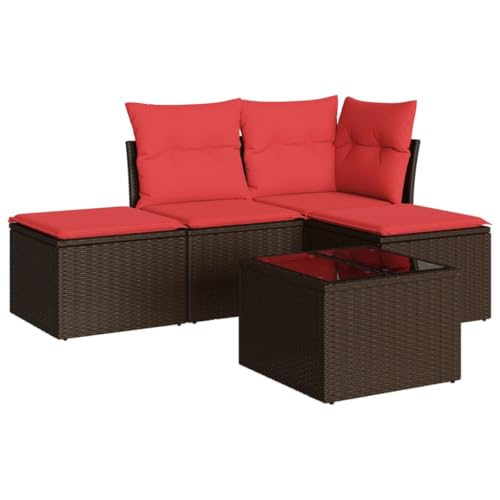 vidaXL Garten Sofa Garnitur 5-TLG., Gartenmöbel Set mit Kissen, Sitzgruppe für Garten Terrasse, Modular Gartensofa Hocker Lounge, Tisch mit Glasplatte, Braun Poly Rattan