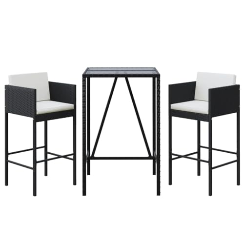 vidaXL Gartenbar Set 3-TLG., Gartenmöbel Bartisch 2 Barstühle, Stehtisch Barhocker für Garten Terrasse, Sitzgruppe Gartenset mit Kissen, Schwarz Poly Rattan