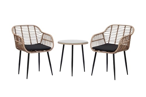 ZENJOY, WEBBY, Balkonset 2 stühle 1 tisch, Gartenmöbel set, Ideal Möbel für Kleinen Balkon, Poly-Rattan, 2 Stühle mit Armlehnen (80x59x56 cm) und Tisch (53x52 cm), Wetterfest, Schwarz Kissen