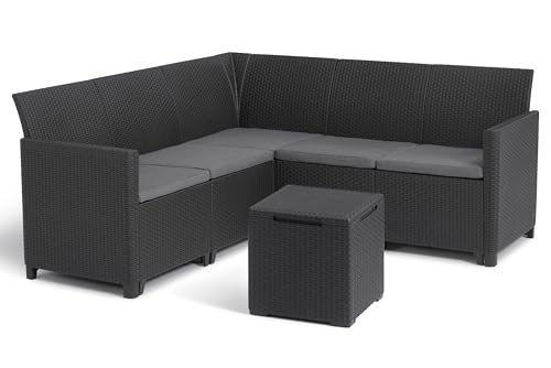 Keter Nora - Ecksofa für Garten oder Terrasse, 5-Sitzer, mit Kissen und Beistelltisch mit 35 l Stauraum, Farbe Graphit