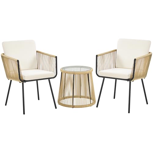 Yaheetech 3TLG. Balkonset, Gartenmöbel inkl. 2 Stühle 6cm Dick Sitz  und Rückenkissen & 1 Tisch 5mm Dick Hartglasplatte, Gartensitzgruppe für Balkon, Hellbraun/Cremeweiß