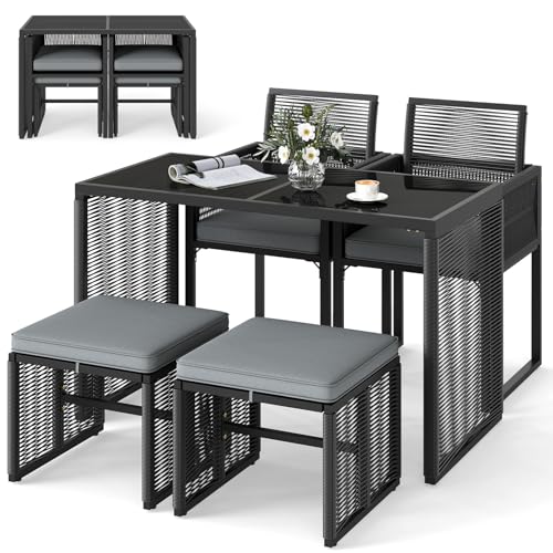 COSTWAY 5tlg. Gartenmöbel, Balkonmöbel, Balkonset inkl. 2 Stühle Kissen, Hocker & Tisch, Terrassenmöbel, platzsparendes Gartenset klappbarer Rückenlehne, für Garten