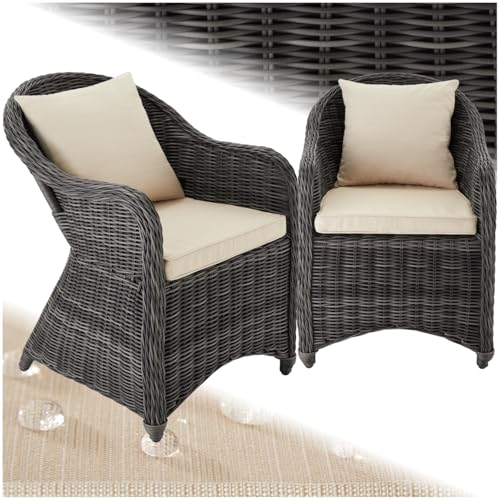 tectake® Alu Polyrattan Gartenstuhl 2er Set, Gartenmöbel Set 2 Sessel, wetterfest, Gartensessel weichen Sitzpolster, abziehbarer und waschbarer Bezug, stabil und bodenschonend   grau