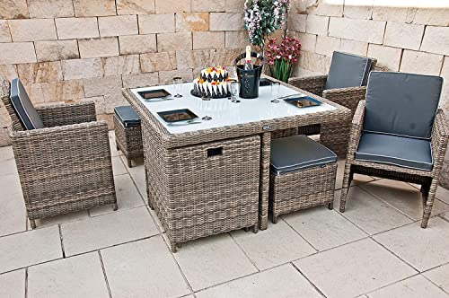 Ragnarök PolyRattan - DEUTSCHE Marke - EIGENE Produktion - 8 Jahre Garantie - Gartenmöbel Essgruppe Tisch 4 Stuhl Hocker 12 Polster Grau Rostfrei Aluminium Natur Dining Würfel Glas