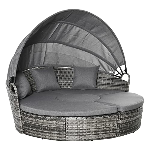 Outsunny Rattan Sonneninsel 4-teilige Loungegruppe mit Sonnendach Sitzgruppe mit Kissen und Beistelltisch höhenverstellbar Metall Grau 175 x 180 x 147 cm