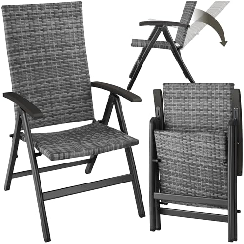 tectake® Alu Polyrattan Gartenstuhl, klappbarer Sessel mit 6-Fach Verstellbarer Rückenlehne, wetterfest, Aluminiumgestell, Campingstuhl mit Holzarmlehnen, Stuhl für Garten, Balkon, Terrasse - grau
