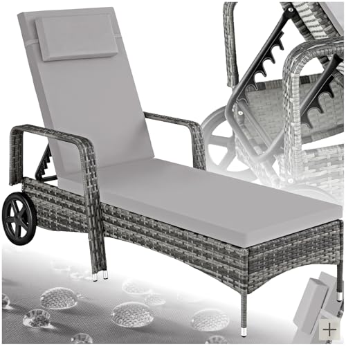 tectake Poly Gartenliege mit Rollen, 6 Fach höhenverstellbarer Liegestuhl, bis 120kg belastbar, Sonnenliege (wetterfest), Liege inkl. Polster und Kissen   grau/hellgrau