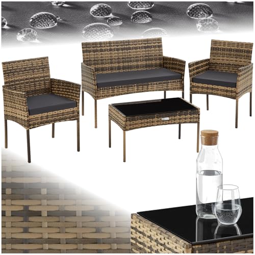 tectake® Rattan Gartenmöbel Set, Outdoor Lounge Möbel,1x Gartenbank, 2X Stuhl, 1x Balkontisch, mit Outdoor Kissen wetterfest, Balkonmöbel Kleiner Balkon, Lounge Gartenmöbel, Terrassenmöbel - Natur