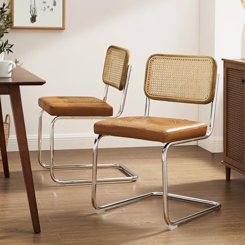 Zouron Esszimmerstühle Rattan Stuhl Schwingstühle 2er Set - mit Eichenholz Kunstleder Küchenstuhl Freischwinger Stühle Polsterstuhl Natur geflochtene Rattan Rückenlehne Chrom Metallbeine