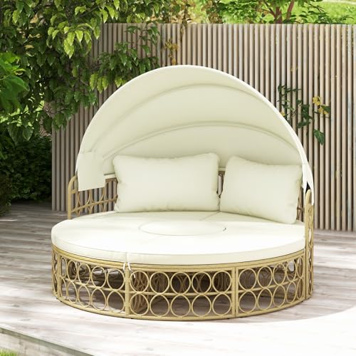 GIANTEX Rattan Sonneninsel, Sonnenliege Liegeinsel mit faltbarem Sonnendach, Rundes Tagesbett mit Beistelltisch, Rattan Lounge Gartenmuschel Outdoor, Gartenliege Sitzgruppe inkl. Kissen, Daybed Beige