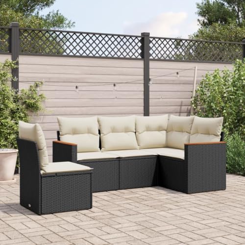 QJBSAVVA 5-teiliges Poly-Rattan Gartenmöbel Set Schwarz Ecksofa Mittelsofa Akazienholz Armlehne Sitzgruppe Kleine Balkon Terrasse 62x62 cm Modernes Design Robust für Garten Balkon Lounge