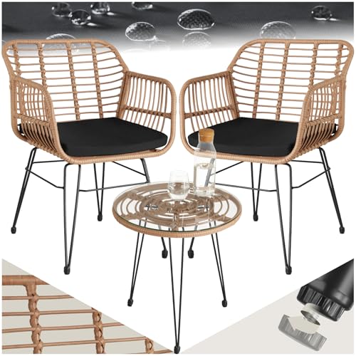 tectake® Outdoor Sitzgruppe, Möbel für 2 Personen, 3 TLG. Bistroset, Balkonmöbel, Gartenmöbel 2X Stühle + Tisch, kleine wetterfest für Terrasse  Natur