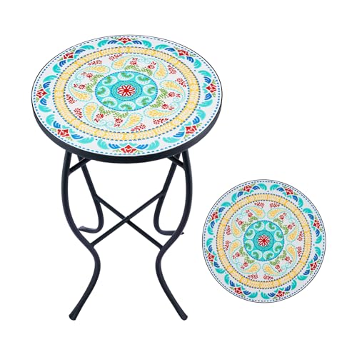 VONLUCE 35,5cm(14 ) Mosaik Beistelltisch Runder Retro Mosaiktisch Metalltisch Kaffeetisch Blumenständer Pflanzenständer Blumenregal mit Mosaikplatte(Grün&Orange)