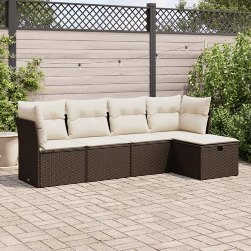 QJBSAVVA 5-teilige Garten-Sofagarnitur Braun Poly Rattan Ecksofa & Mittelsofa mit Stauraum 55 x 55 cm Sitzfläche Fußhocker 55 x 55 x 37 cm UV-resistente Lounge für Balkon Terrasse Garten