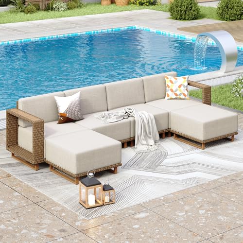 PHI VILLA Rattan Gartenmöbel Set Balkonmöbel für 6, Lounge Möbel Outdoor Sofa Sets für Garten und Terrasse, Allwetter Gartensofa Terassenmöbel Außen mit Dicken Weißen Kissen und Ergonomischem Design