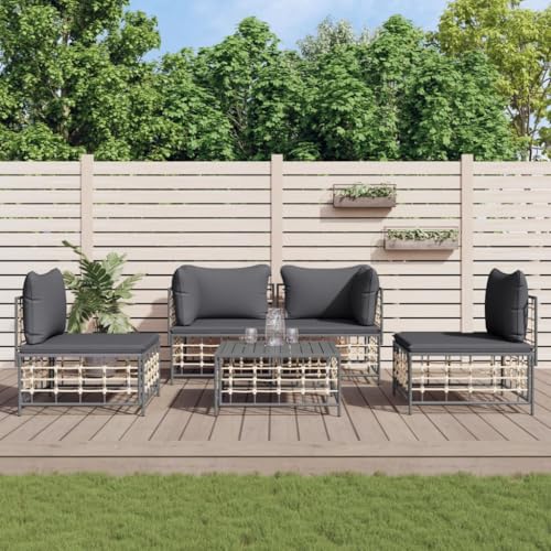 QJBSAVVA 5 TLG. Garten Lounge Set Anthrazit Poly + Mittelsofa + Couchtisch 10 Kissen 110 kg belastbar Modern & Modular für Balkon Terrasse Garten