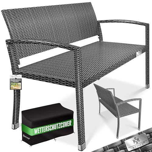 KESSER® Gartenbank Polyrattan 2-Sitzer Wetterfest | Rattan Sitzbank UV-Beständig bis 320kg belastbar | Balkon Bank 125x62x90cm Garten-Möbel mit Cover & ergonomischen Armlehnen für 2 Personen Anthrazit
