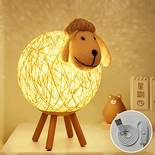 Osairous LED-Nachtlicht, kreative Tischlampe aus Schaf-Rattan, USB-Nachtlampe mit Projektion für die Augenpflege für Kinderzimmer