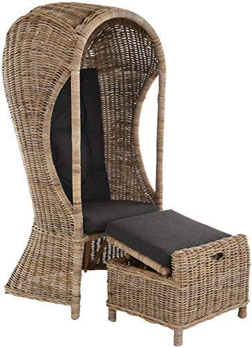 Korb-Outlet Strandkorb Optik 1-Sitzer Beach aus echtem Rattan Rattansessel Flecht-Sessel mit Dach Single für eine Person (Grau Natur mit Hocker)