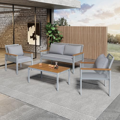 Gegtuon Gartenmöbel Sitzgruppe aus für Garten für 4, Outdoor Gartenmöbel Essgruppe Sofa Tisch & Stühle, Balkon Möbel & Couchtisch, Gartenlounge (Grau)