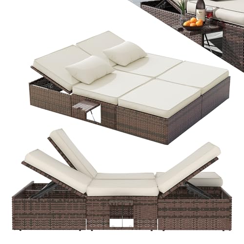 UDPATIO Rattan Sonnenliege Liegestuhl Garten 2 Personen, 5-Fach Verstellbar mit Klapptisch Wetterfest Polyrattan Gartenbett Braun+schwarz & Cremefarbene Bezüge, 200x160cm