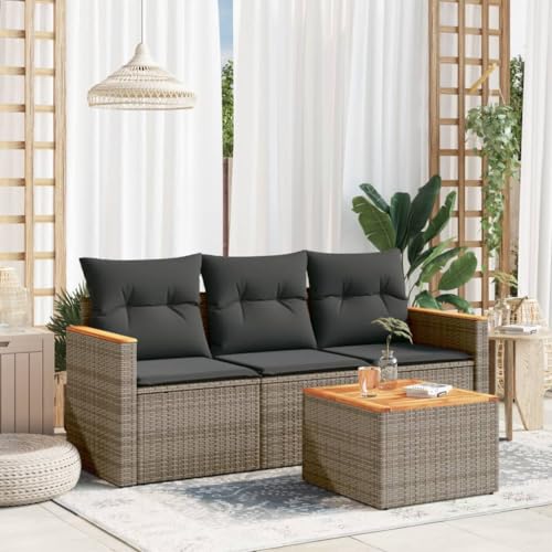 QJBSAVVA 4-TLG. Gartenmöbel Set Grau Poly Rattan Ecksofa mit Stauraum & Akazienholztisch 55x55 cm Modernes Lounge Set Outdoor für Balkon Terrasse Garten