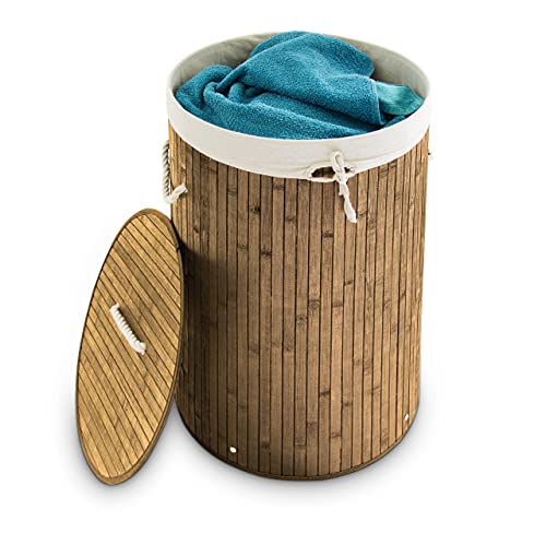 Relaxdays Wäschekorb Bambus, faltbare Wäschetonne mit Deckel, Volumen 70 l, Wäschesack Baumwolle, rund Ø 41 cm, natur