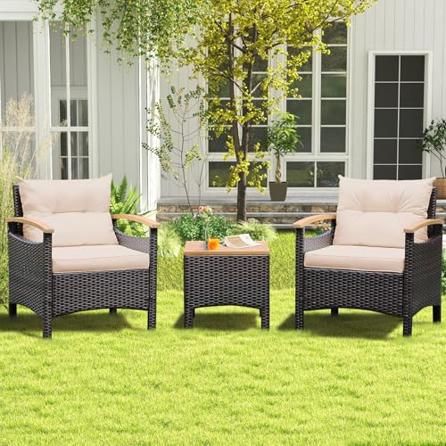 GIANTEX Balkonmöbel 2 Personen, 3 TLG. Gartensitzgruppe Kissen Khaki, Gartenmöbel 2 Tisch, Gartengarnitur Sitzgruppe Gartenlounge
