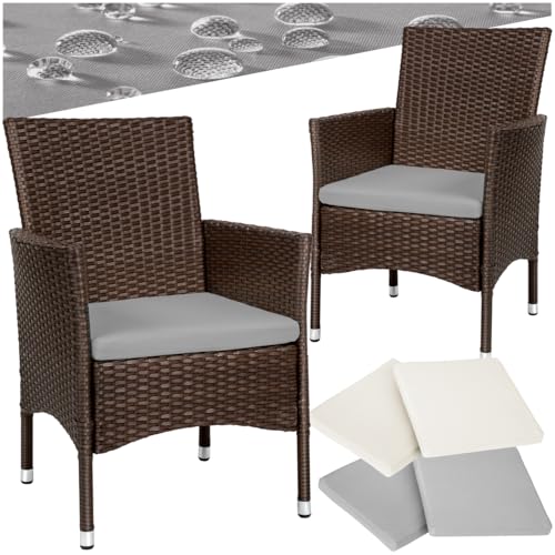 tectake® 2er Gartenstuhl aus Polyrattan, Gartenmöbel 2 Sessel, Outdoor Rattansessel inklusive Sitzpolster und 2 Bezugssets, rostfreie Edelstahlschrauben, pflegeleicht   braun/beige