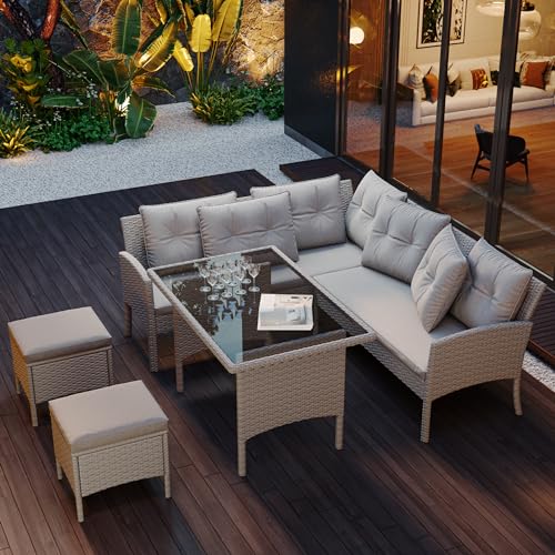 A ALFRESCOOL Gartenlounge Outdoor, Garten-Loungesessel-Set Poly Rattan Sitzgruppe Esstisch Lounge Gartenmöbel Sitzgarnitur Garten-Garnitur Set, Gartenlounge für 7 Personen, Farbe Khaki