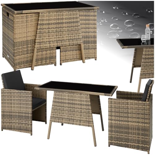 tectake® Poly Rattan Sitzgruppe für 2 Personen, Outdoor Möbel platzsparend zusammenschiebbar, 2 Sessel & 1 Tisch, ideales Balkon Lounge Set, Gartenmöbel, Terrassenmöbel wetterfest - Natur